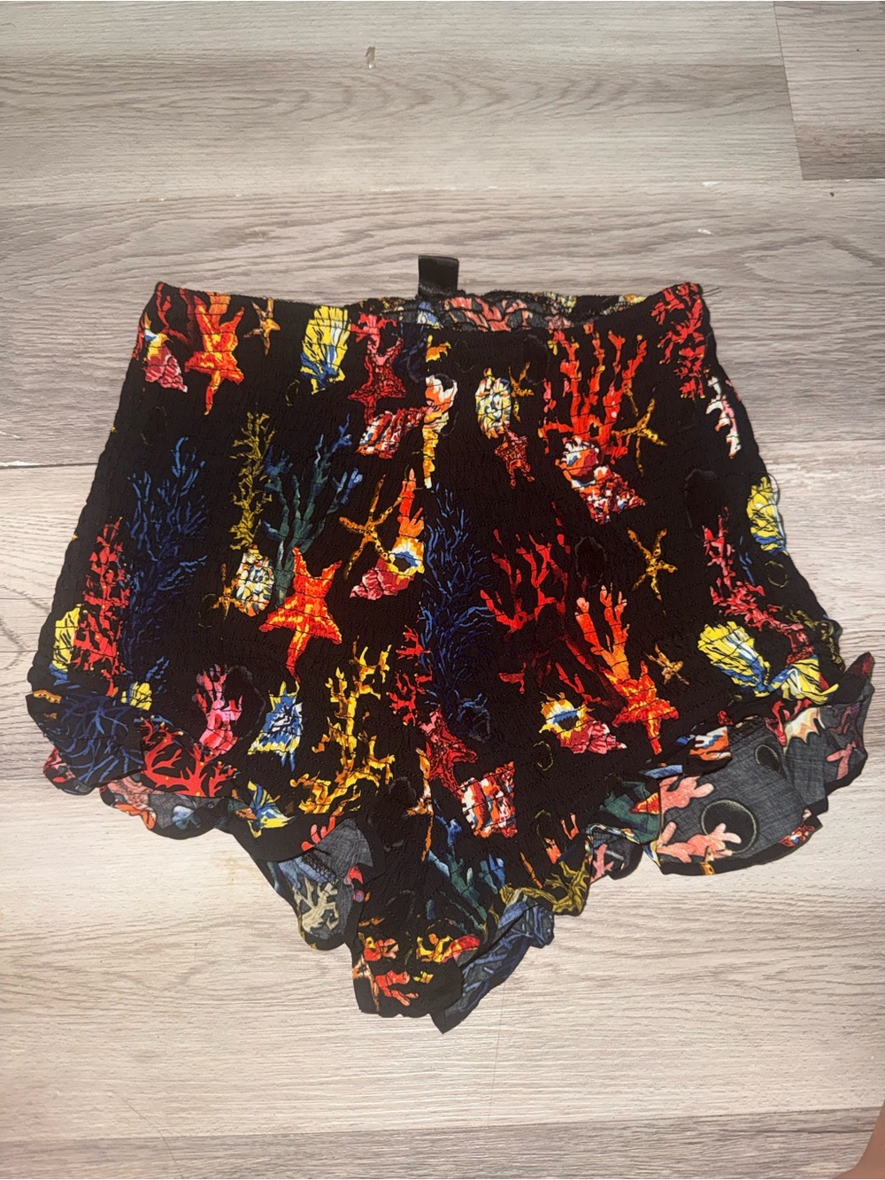 High-Waist Black Floral & Coral Print Smocked Women's Shorts